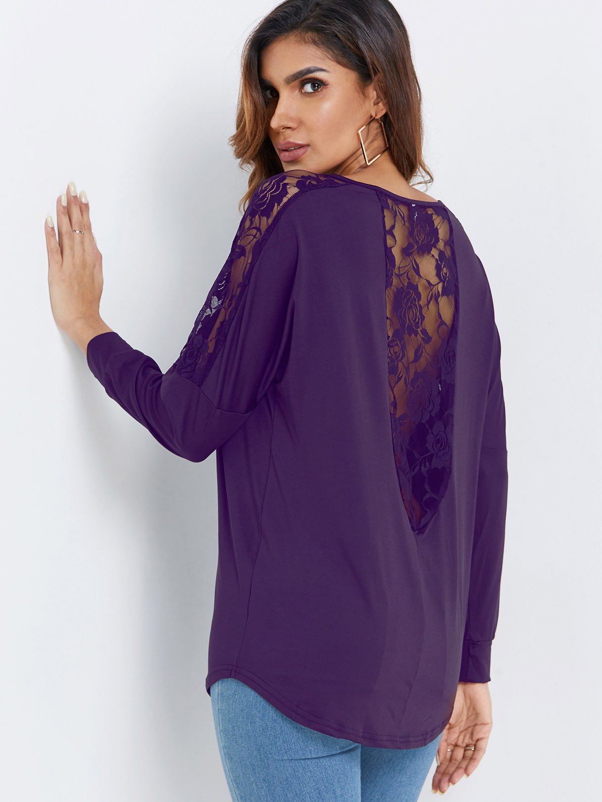 Wholesale Scoop Neck Plain Lace Long Sleeve Purple T-Shirts