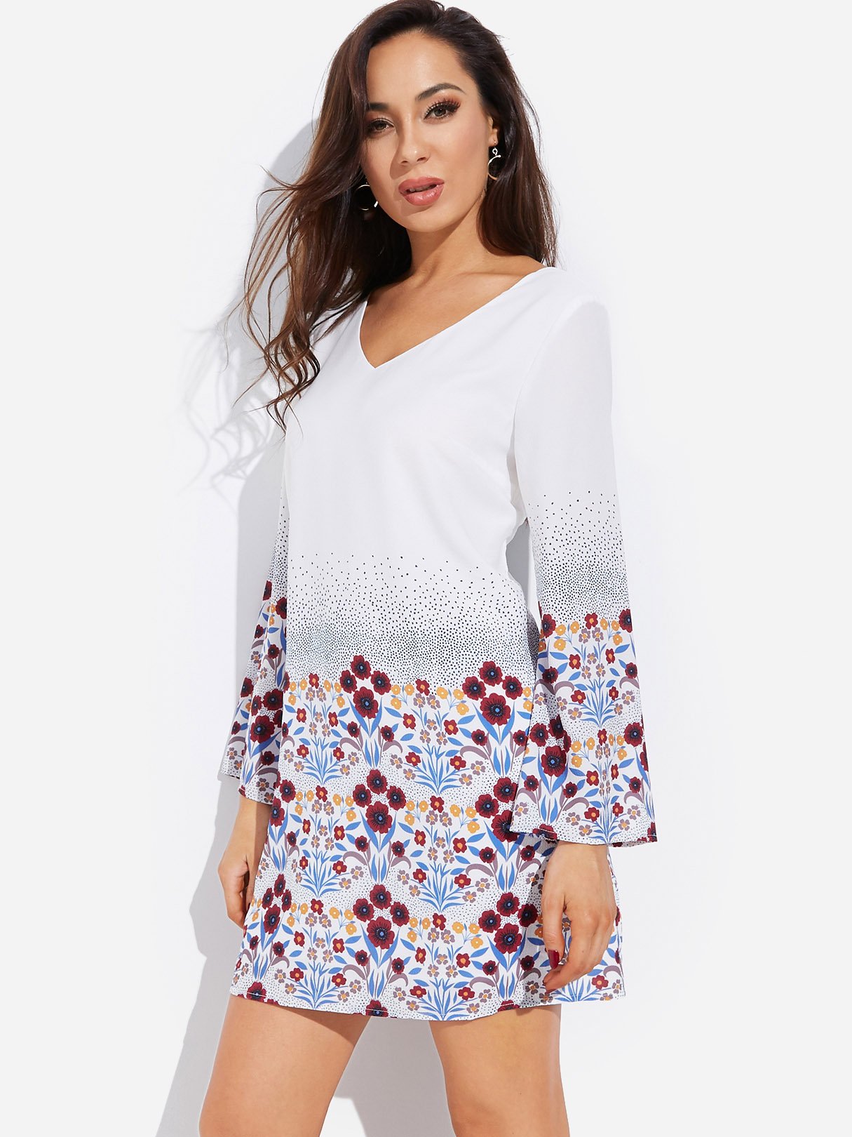 Wholesale V-Neck Long Sleeve Floral Print Backless Cut Out Dresses