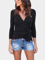 Wholesale V-Neck Plain Crossed Front Long Sleeve Black T-Shirts