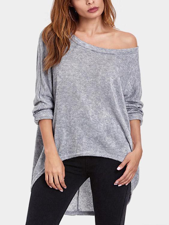 Wholesale Scoop Neck Long Sleeve Curved Hem Grey T-Shirts