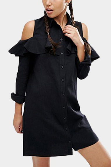 Wholesale Black Classic Collar Cold Shoulder Long Sleeve Plain Cut Out Shirt Dresses
