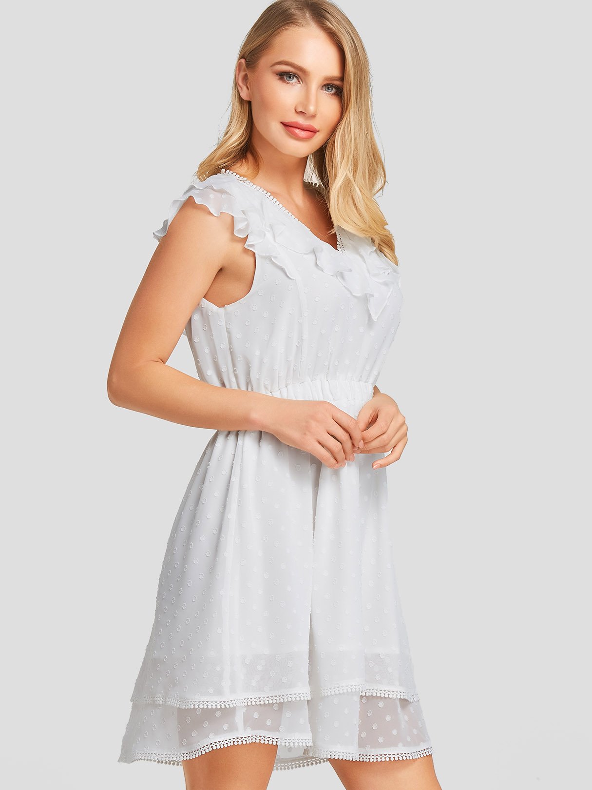 OEM Ladies White V-Neck Dresses