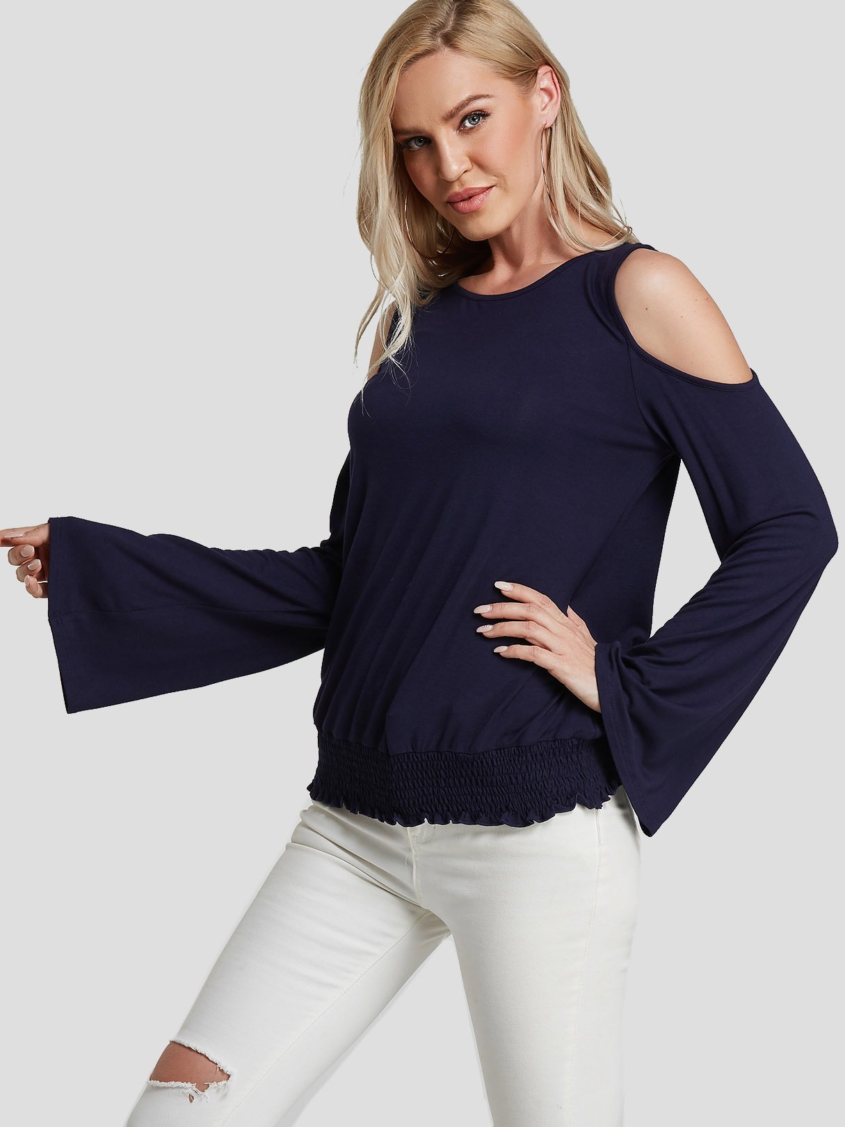 Wholesale Cold Shoulder Long Sleeve Navy T-Shirts