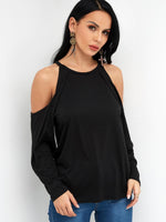 Wholesale Round Neck Cold Shoulder Plain Long Sleeve Black T-Shirt