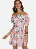 Wholesale Off The Shoulder Short Sleeve Floral Print Backless Self-Tie Flounced Hem Dresses