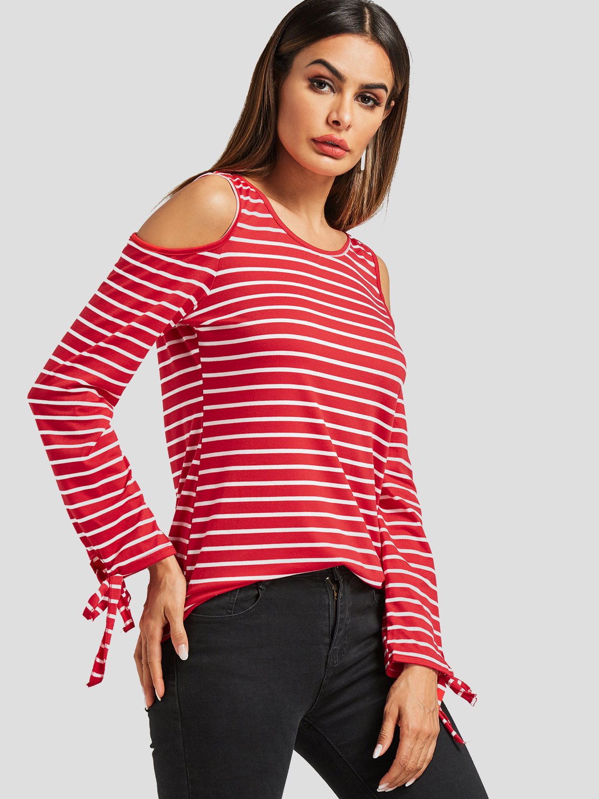 Wholesale Round Neck Cold Shoulder Stripe Cut Out Long Sleeve Red T-Shirts