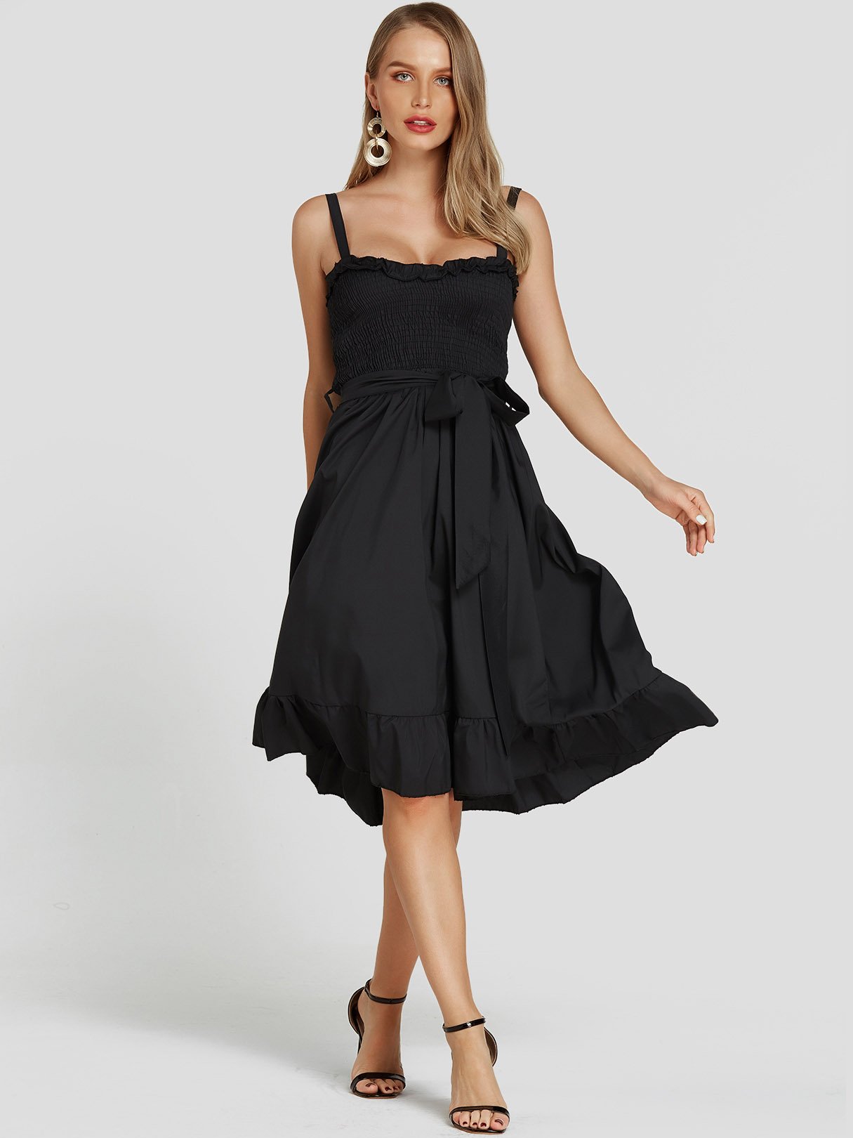 Wholesale Black Sleeveless Spaghetti Strap Belt Mini Dress