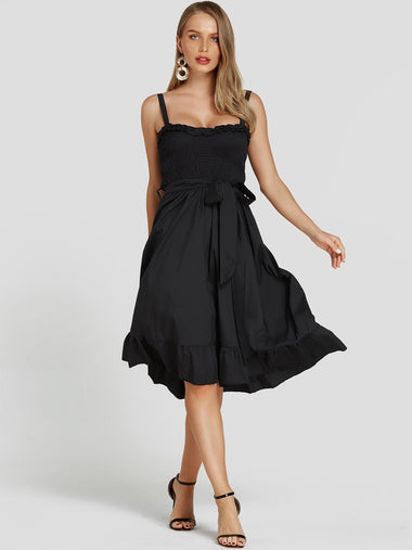 Wholesale Black Sleeveless Spaghetti Strap Belt Mini Dress