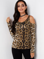 Wholesale Scoop Neck Cold Shoulder Leopard Zip Back Long Sleeve Top