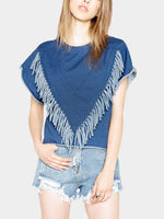 Wholesale Round Neck Tassel Blue T-Shirts