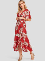 Wholesale V-Neck Short Sleeve Printed Self-Tie Ruffle Trim Wrap Irregular Hem Maxi Dresses