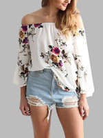 Wholesale Off The Shoulder Floral Print Long Sleeve White T-Shirts