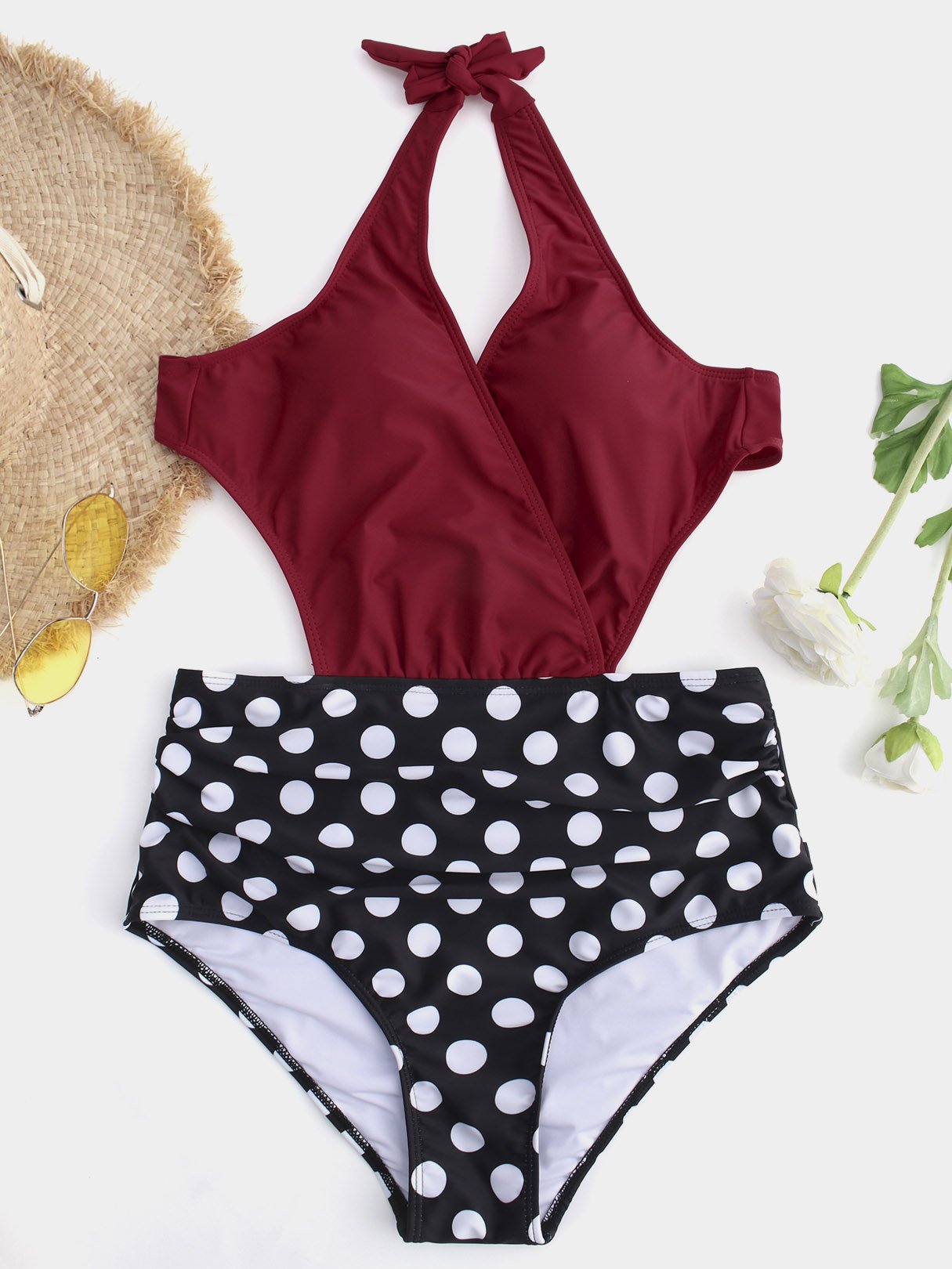 Wholesale V-Neck Crossed Front Backless Cut Out Tie-Up Burgundy High Waist One-Pieces