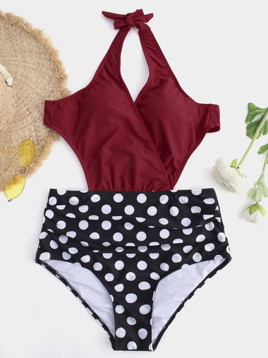 Wholesale V-Neck Crossed Front Backless Cut Out Tie-Up Burgundy High Waist One-Pieces