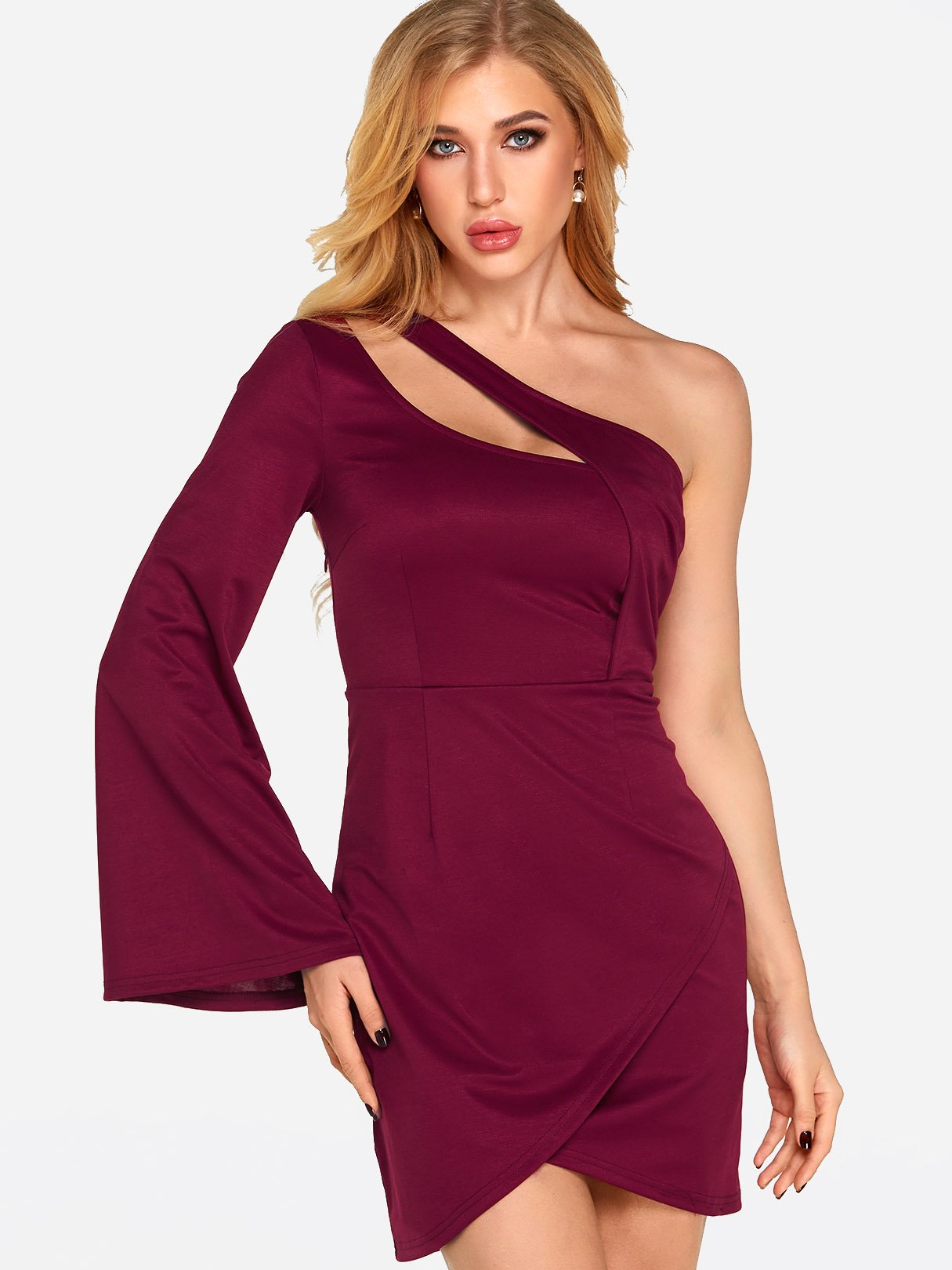 Wholesale Burgundy One Shoulder Long Sleeve Plain Cut Out Irregular Hem Sexy Dresses