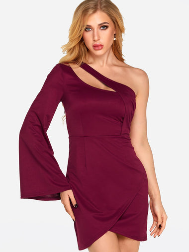 Wholesale Burgundy One Shoulder Long Sleeve Plain Cut Out Irregular Hem Sexy Dresses