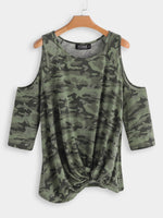 Wholesale Round Neck Cold Shoulder Camouflage Long Sleeve Irregular Hem Green T-Shirts