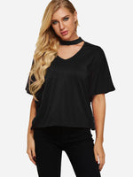 Wholesale Halter V-Neck Plain Cut Out Half Sleeve Black Top