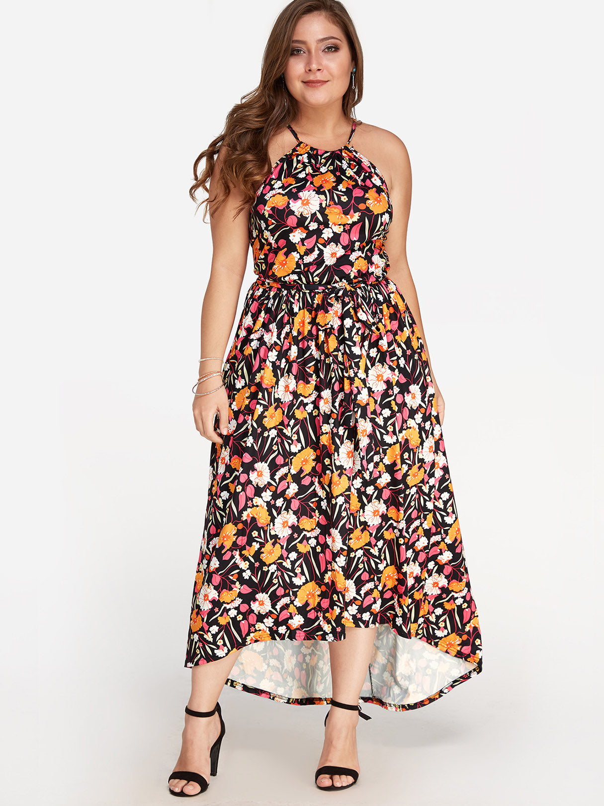 Wholesale Halter Floral Print Pleated Sleeveless Plus Size Maxi Dress