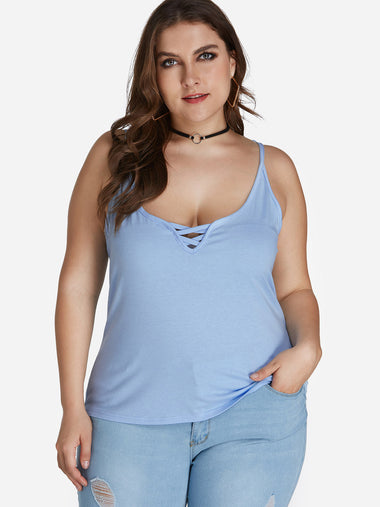 Wholesale Plain Criss-Cross Sleeveless Sky Blue Plus Size Tops