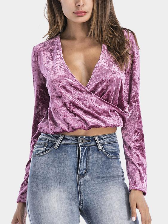 Wholesale Deep V Neck Plain Crossed Front Long Sleeve Pink Blouses