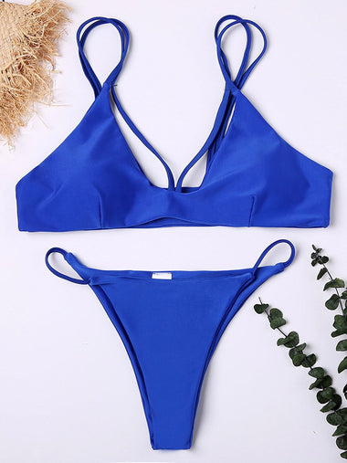 Wholesale V-Neck Plain Sleeveless Bodycon Hem Royalblue Bikini Set
