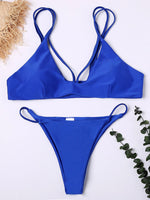 Wholesale Blue V-Neck Sleeveless Plain Bodycon Two Piece Bikini