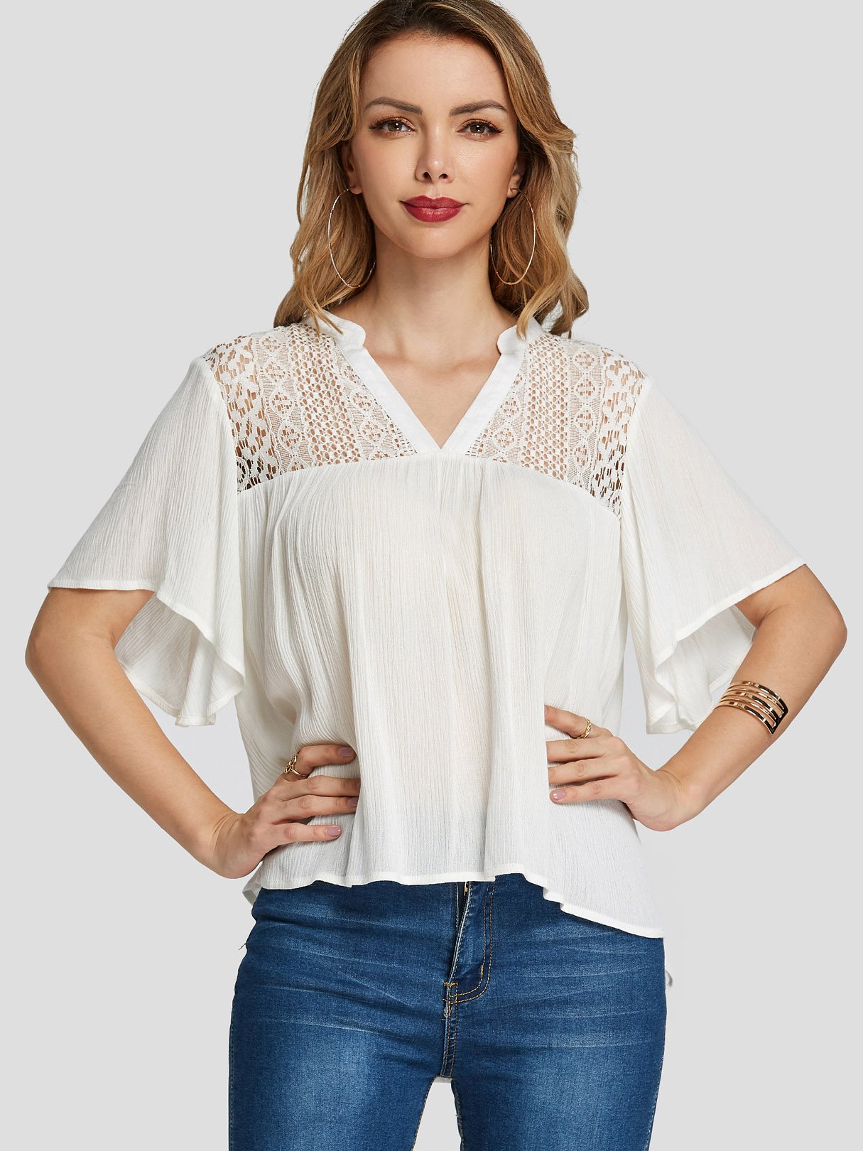 Wholesale V-Neck Lace Hollow Short Sleeve White Blouses