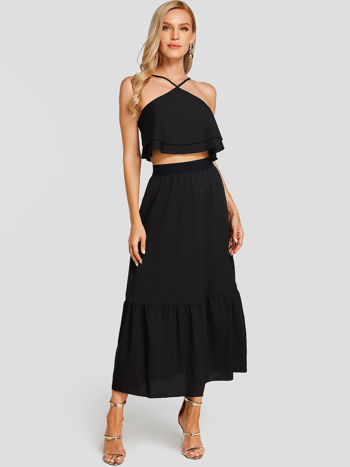 Wholesale Halter Backless Sleeveless Black Two Piece Outfits