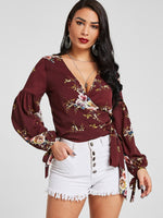 Wholesale V-Neck Floral Print Lace-Up Self-Tie Long Sleeve Burgundy Blouses