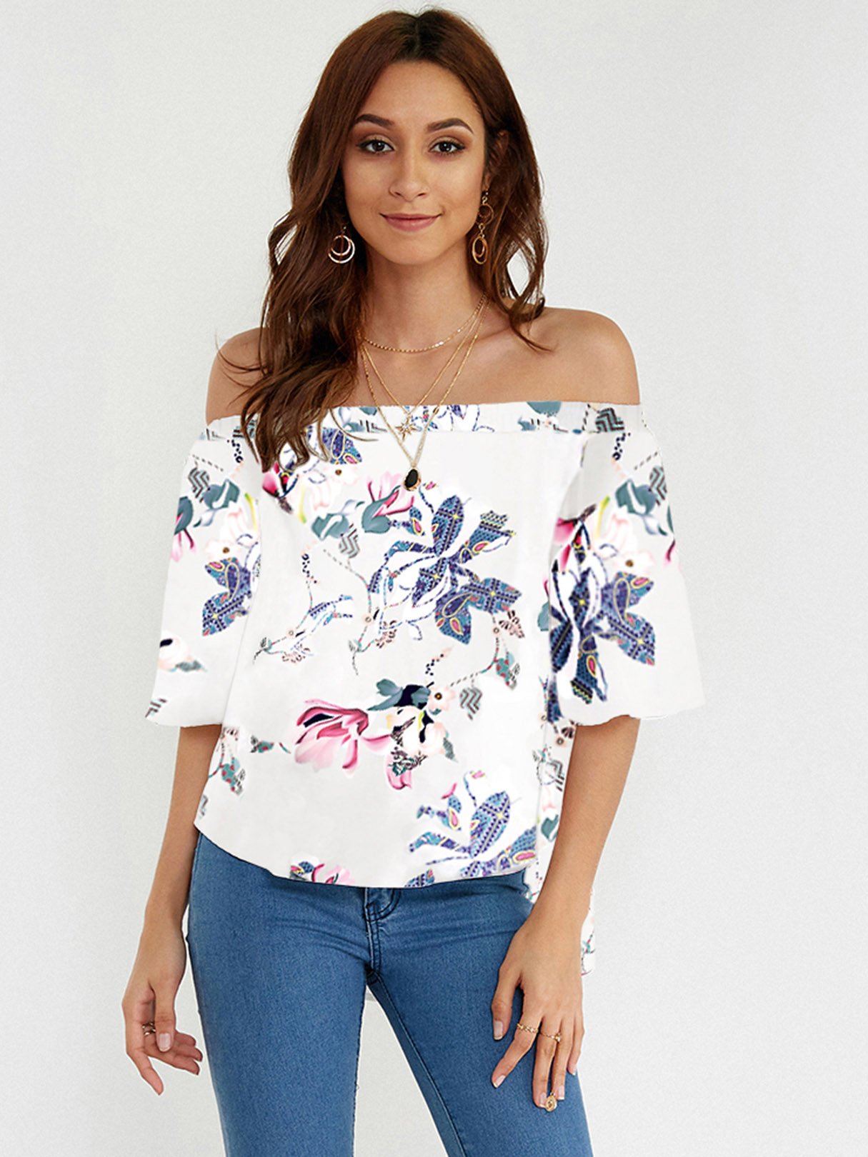 Wholesale Off The Shoulder Floral Print Short Sleeve Irregular Hem White Blouses