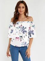 Wholesale Off The Shoulder Floral Print Short Sleeve Irregular Hem White Blouses