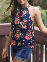 Wholesale Halter Cold Shoulder Floral Print Zip Back Sleeveless Curved Hem Navy Camis