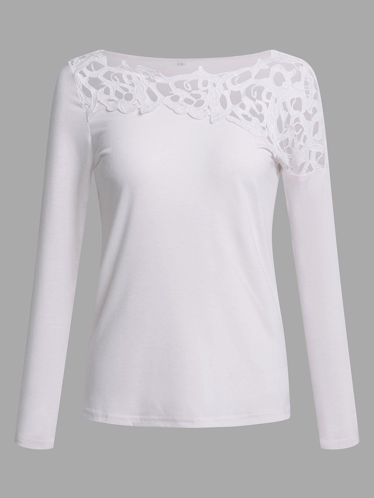 Wholesale Round Neck Plain Lace Hollow Cut Out Long Sleeve White T-Shirts