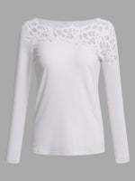 Wholesale Round Neck Plain Lace Hollow Cut Out Long Sleeve White T-Shirts