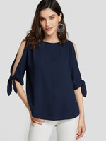 Wholesale Round Neck Cut Out Self-Tie Half Sleeve Navy Blouses