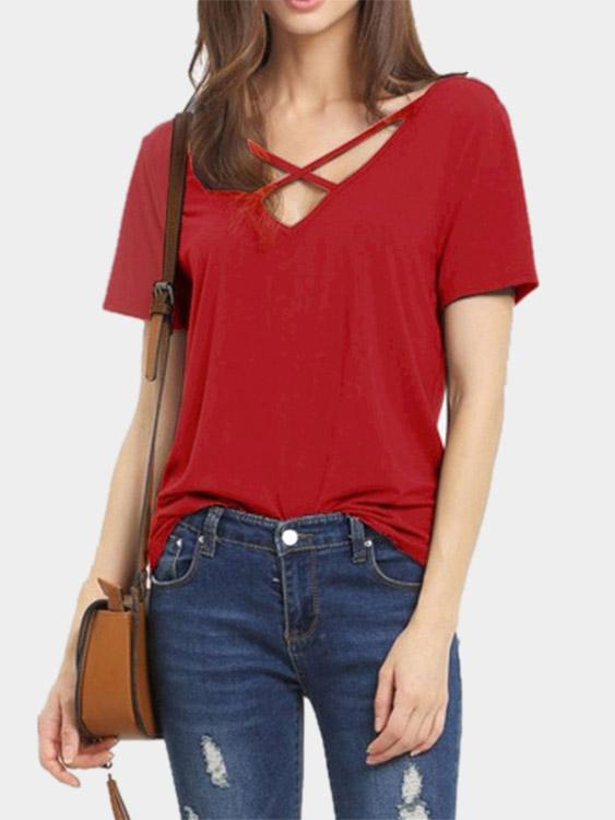 Wholesale V-Neck Plain Short Sleeve Red T-Shirts