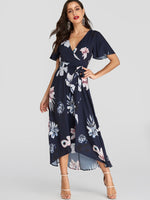 Wholesale Navy V-Neck Short Sleeve Floral Print Belt Self-Tie Wrap Irregular Hem Dresses