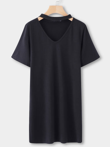 Wholesale Black V-Neck Short Sleeve Plain Cut Out Mini Dresses