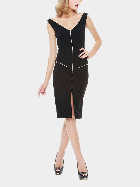 Wholesale Black V-Neck Sleeveless Slit Hem Sexy Dresses