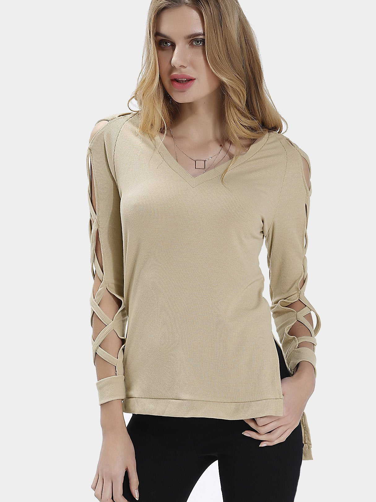 Wholesale V-Neck Plain Long Sleeve Beige Hollow Top With Slit Hem