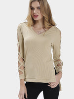Wholesale V-Neck Plain Long Sleeve Beige Hollow Top With Slit Hem