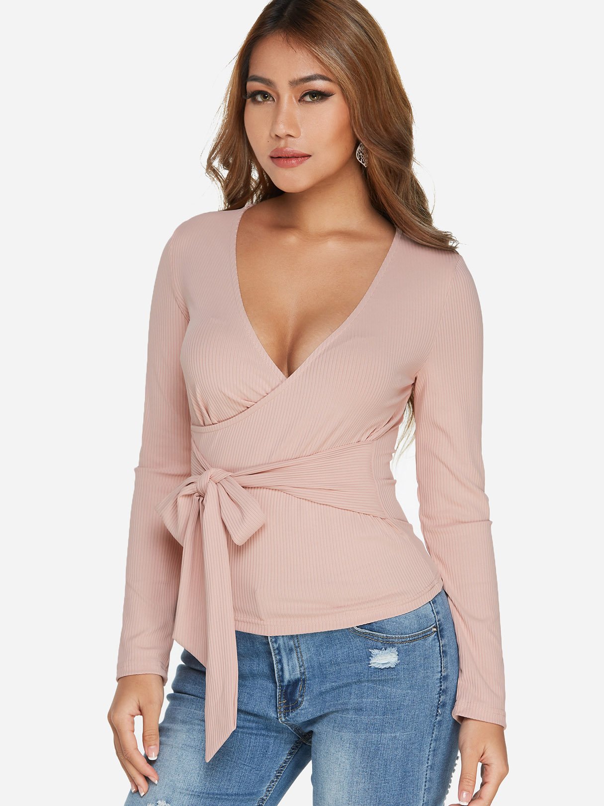 Wholesale Deep V Neck Plain Self-Tie Long Sleeve Top