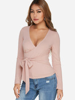 Wholesale Deep V Neck Plain Self-Tie Long Sleeve Top