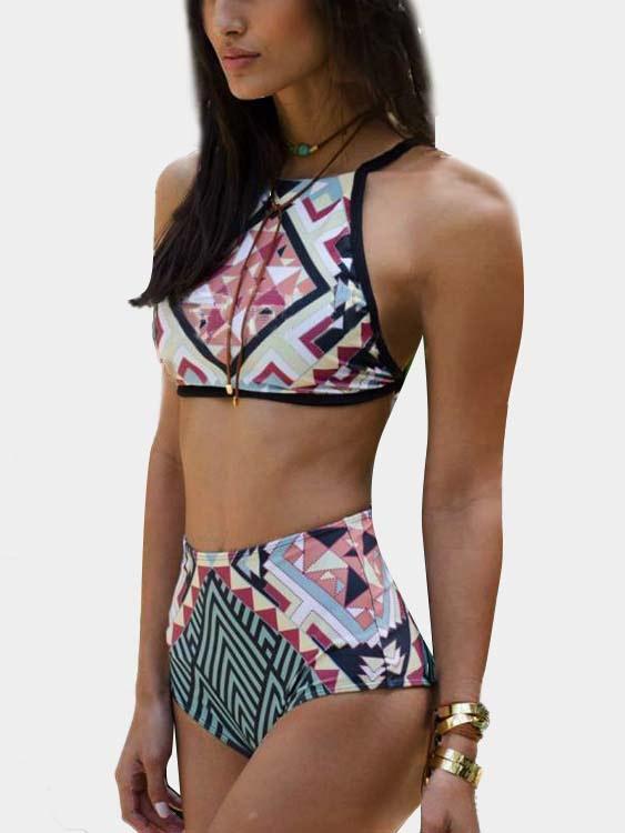Wholesale Square Neck Sleeveless Geometrical Lace-Up Bikinis