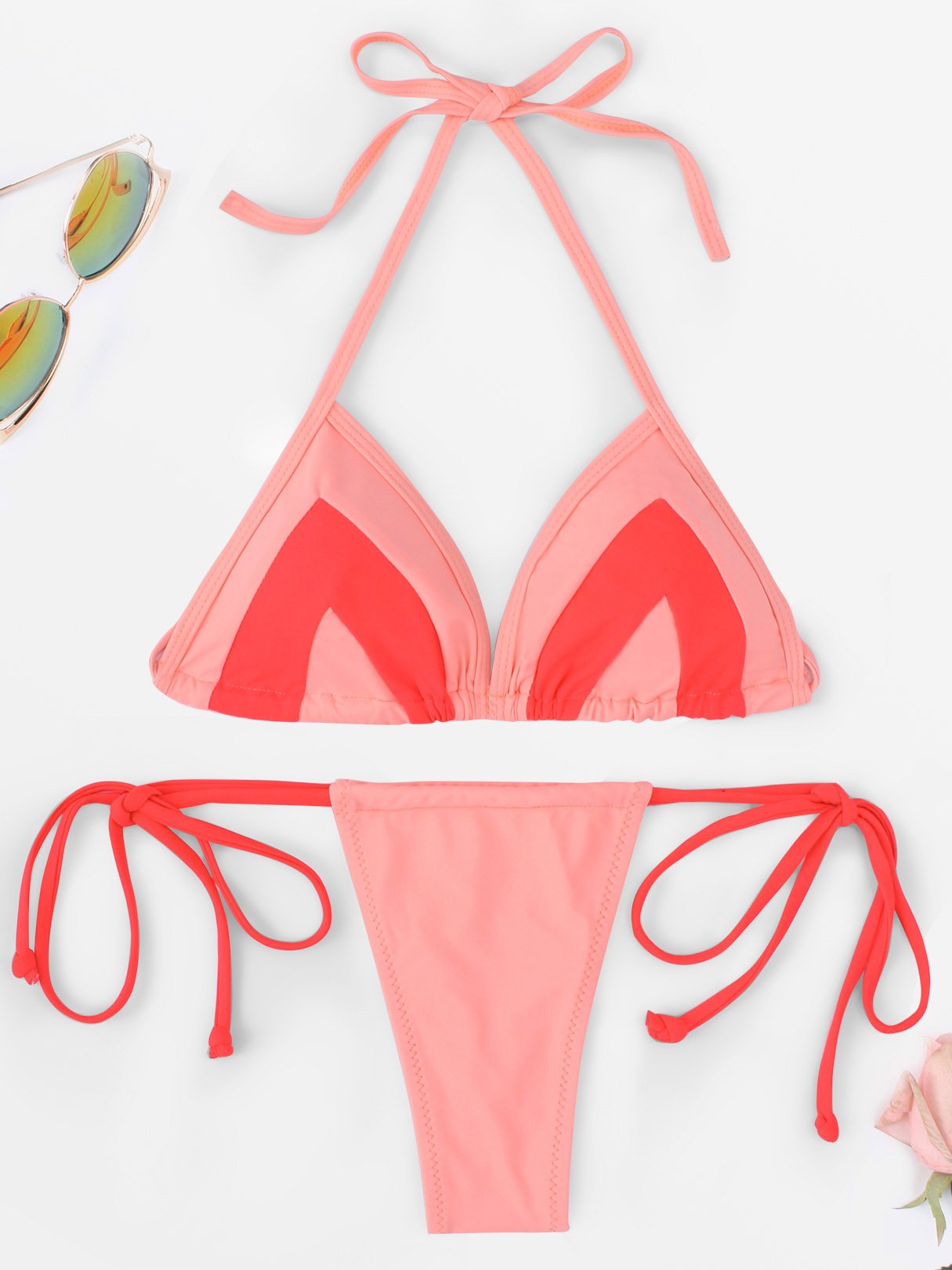 Wholesale Pink Halter Sleeveless Plain Backless Two Piece Bikinis
