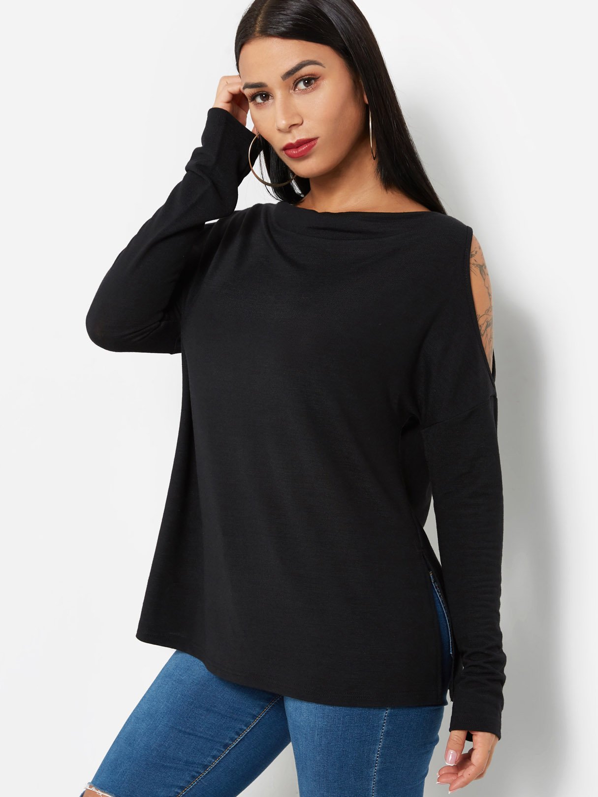 Wholesale Bateau Cut Out Long Sleeve Slit Hem Black T-Shirts