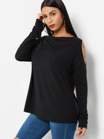 Wholesale Bateau Cut Out Long Sleeve Slit Hem Black T-Shirts
