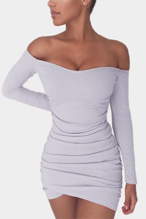 Wholesale Grey Off The Shoulder Long Sleeve Pleated Bodycon Dresses