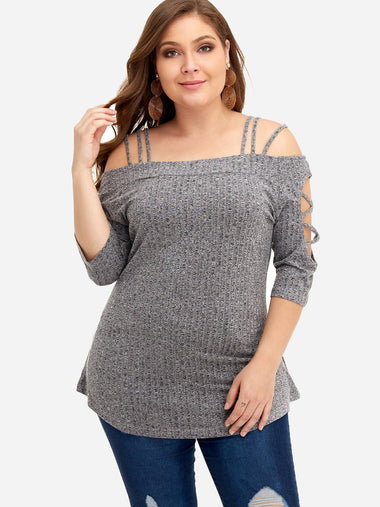 Wholesale Cold Shoulder Plain Criss-Cross Half Sleeve Grey Plus Size Tops